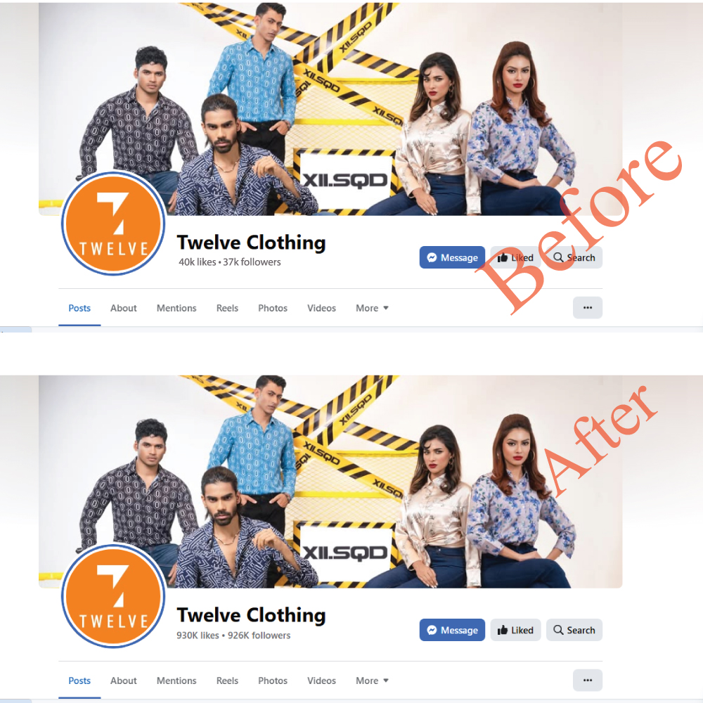 Visual comparison of Twelve Clothing’s Facebook page showing a dramatic increase in followers and likes over 1.5 years — from 40K likes and 37K followers to 930K likes and 926K followers. Both screenshots feature the same fashion-forward banner image with models posing, labeled 'Before' and 'After'